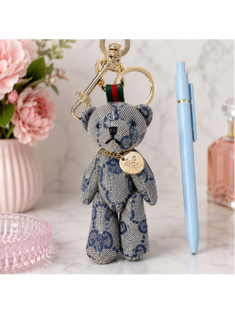 Handmade Blue Monogram Teddy Bear Bag Charm Keychain